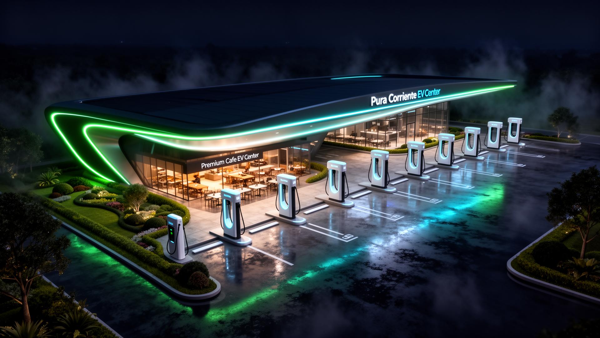 Vista aérea de un EV Center Pura Corriente con cargadores ultra-rápidos